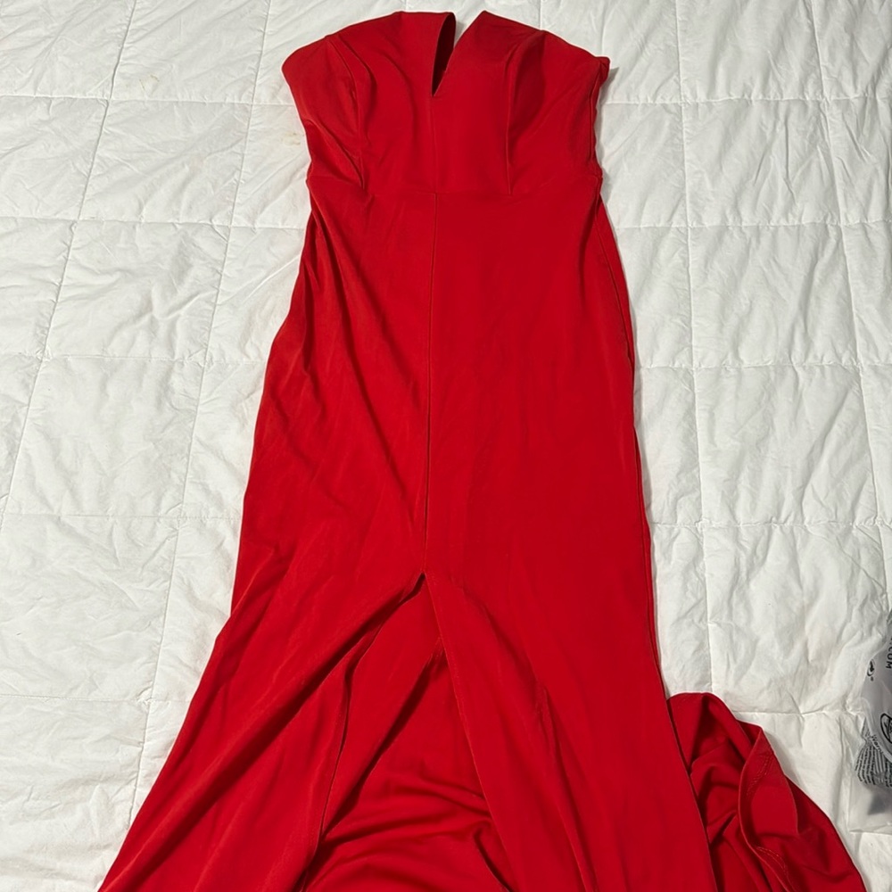 Long, single shoulder, front split red dress with train!